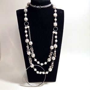 Long Silvertone Faux Pearl Crystal Filigree Necklace Matching Bangle Bracelet